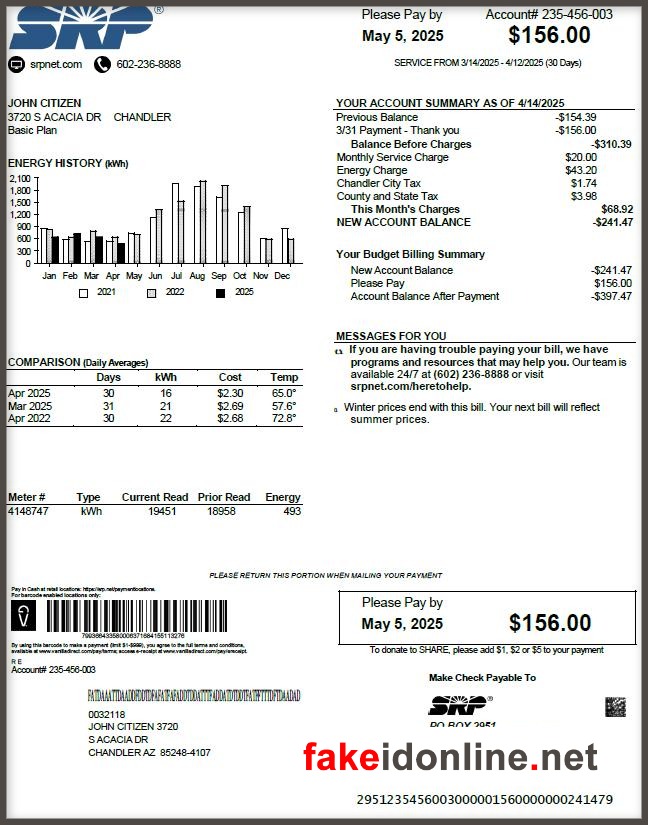 Salt River Project (SRP) - Arizona Utility Bill Template